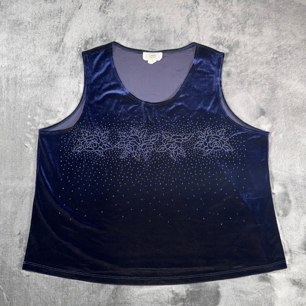 Caran New York Vintage Navy Blue Velvet Beaded Tank Top Sleeveless Blouse 5279